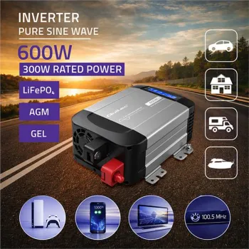 Qoltec Przetwornica napięcia Pure Sine Wave | 12V na 230V | 300/600W | LCD | USB | USB-C | Kompatybilna z LiFePO4 GEL A