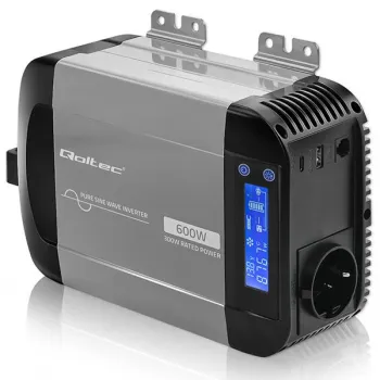 Qoltec Przetwornica napięcia Pure Sine Wave | 12V na 230V | 300/600W | LCD | USB | USB-C | Kompatybilna z LiFePO4 GEL A