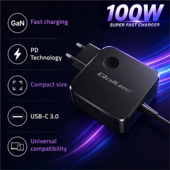 Qoltec Ładowarka sieciowa GaN Super Fast 100W | USB-C PD | 5-20V | 3-5A | Laptop | MacBook | Smartfon | kabel 1.8m-1435