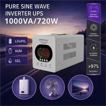 Qoltec Zasilacz awaryjny UPS Pure Sine Wave | 1000VA/720W | Przetwornica 12/230V z AVR | LCD | LiFePO4 AGM GEL -1439997