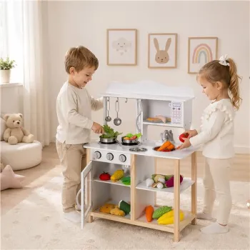 Drewniana kuchnia dla dzieci z piekarnikiem i akcesoriami do gotowania - biała ECOTOYS-1434691