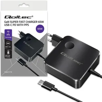 Qoltec Ładowarka sieciowa GaN Super Fast 65W | USB-C PD PPS | 5-21V | 3-3.25A | Laptop | MacBook | Smartfon | kabel 1.8
