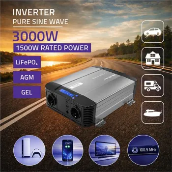 Qoltec Przetwornica napięcia Pure Sine Wave | 12V na 230V | 1500/3000W | LCD | USB | USB-C | Kompatybilna z LiFePO4 GEL