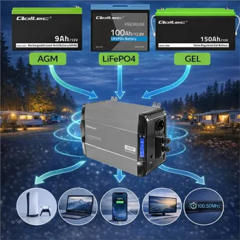 Qoltec Przetwornica napięcia Pure Sine Wave | 12V na 230V | 3000/6000W | LCD | USB | USB-C | Kompatybilna z LiFePO4 GEL