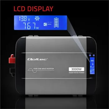Qoltec Przetwornica napięcia Pure Sine Wave | 12V na 230V | 1500/3000W | LCD | USB | USB-C | Kompatybilna z LiFePO4 GEL