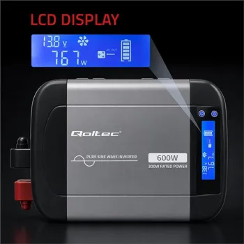 Qoltec Przetwornica napięcia Pure Sine Wave | 12V na 230V | 300/600W | LCD | USB | USB-C | Kompatybilna z LiFePO4 GEL A