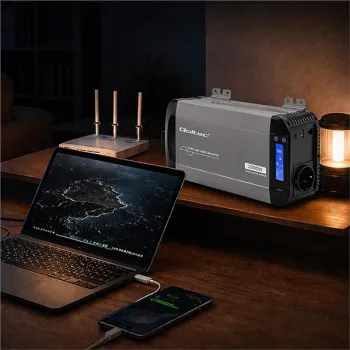 Qoltec Przetwornica napięcia Pure Sine Wave | 12V na 230V | 1000/2000W | LCD | USB | USB-C | Kompatybilna z LiFePO4 GEL