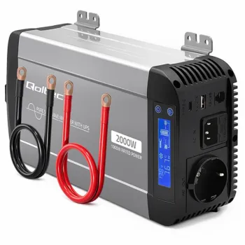 Qoltec Przetwornica napięcia Pure Sine Wave | 12V na 230V | 1000/2000W | UPS BYPASS | LCD | USB | USB-C | Kompatybilna z LiFePO4 GEL AGM