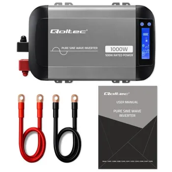 Qoltec Przetwornica napięcia Pure Sine Wave | 12V na 230V | 500/1000W | LCD | USB | USB-C | Kompatibilność z LiFePo4 
