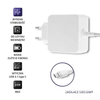 Qoltec Zasilacz sieciowy 45W | 5-20V | 2-3A | USB typ C | PD | Biała-878278