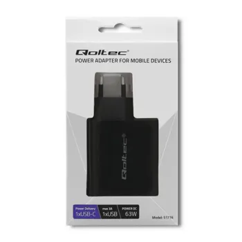 Qoltec Ładowarka sieciowa 63W | 5-20V | 1.5-3A | USB typ C PD | USB QC 3.0 | Czarna-879353