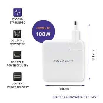Qoltec Ładowarka GaN FAST 108W | 5-20V | 3-4.7A | USB C | Laptop | Smartfon | Biała-881621