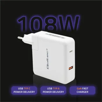 Qoltec Ładowarka GaN FAST 108W | 5-20V | 3-4.7A | USB C | Laptop | Smartfon | Biała-881622