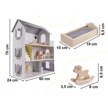 Domek dla lalek drewniany mebelki 70cm szary-915328