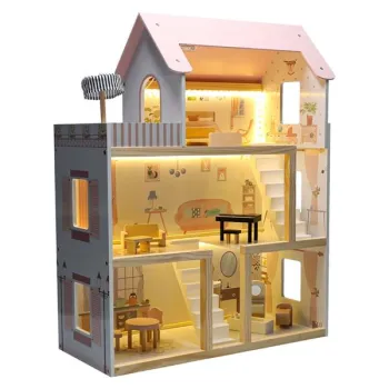 Domek dla lalek drewniany mebelki 78cm róż LED-930456