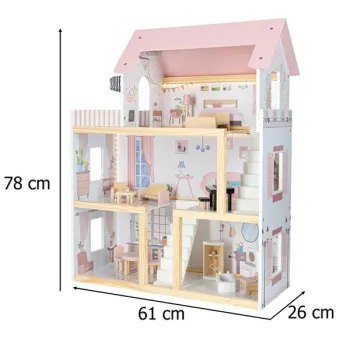 Domek dla lalek drewniany mebelki 78cm róż LED-930467